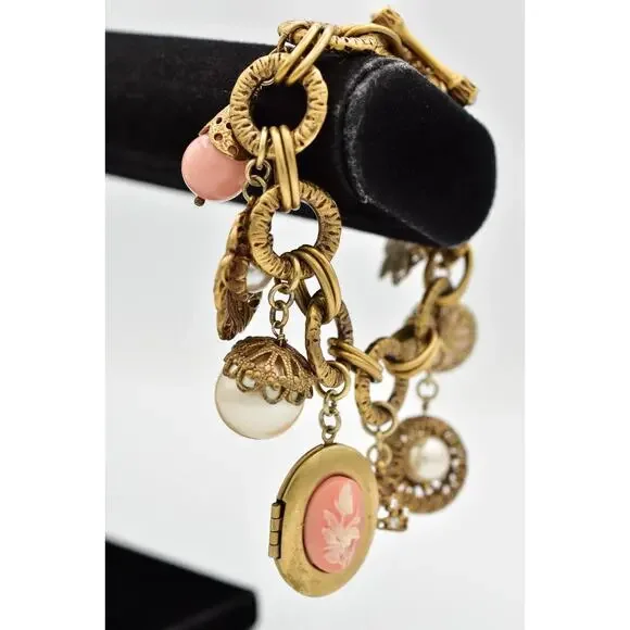 Carolee Vintage Charm Locket Bracelet Antiqued Gold Pink Floral Signed 80s BinBR - Picture 5 of 12